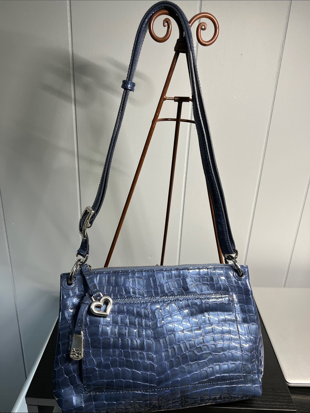 Gently used Brighton Bria French Blue Croc-Embossed Patent Messenger bag